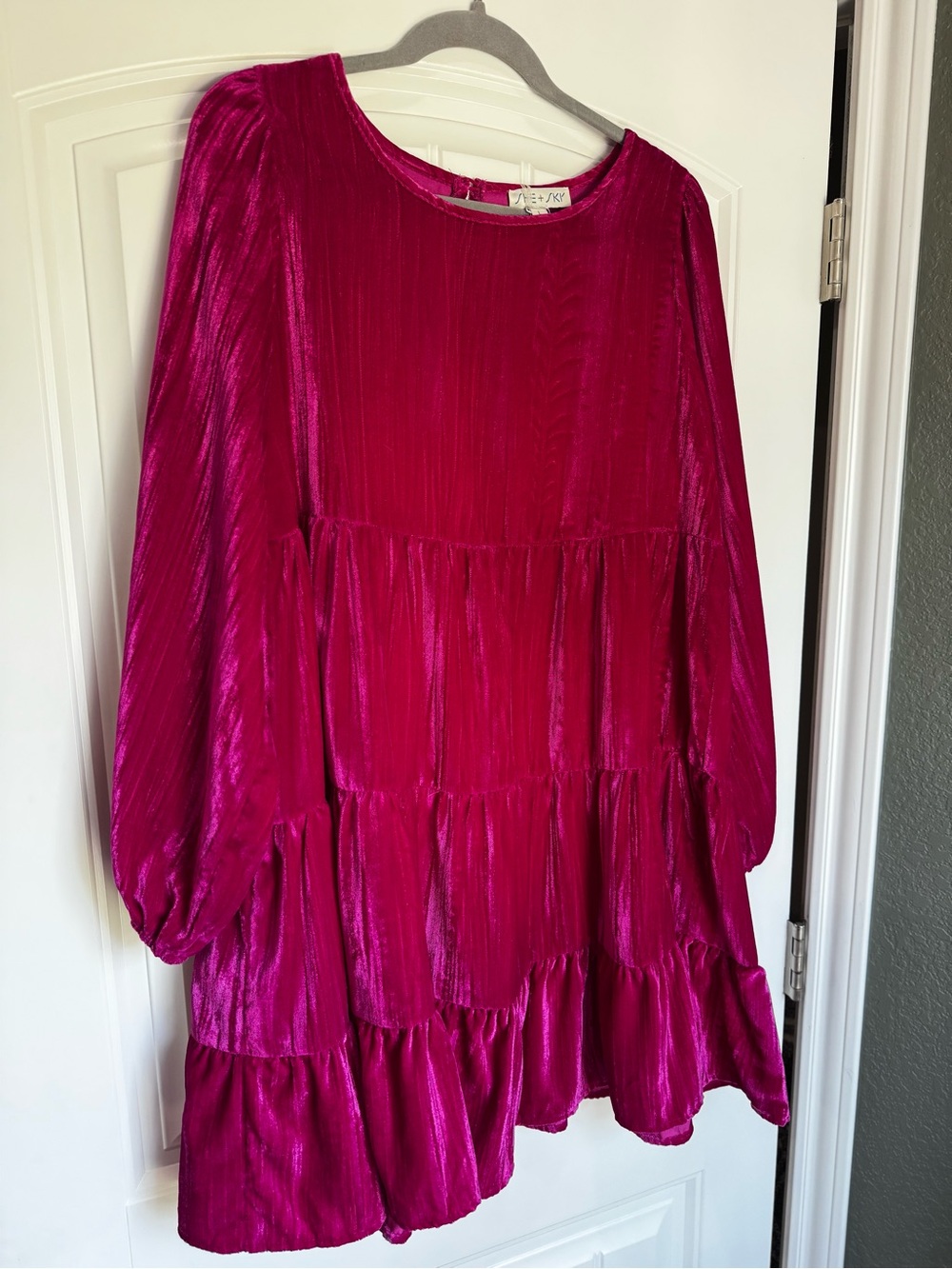 She + Sky Hot Pink Velvet Tiered Babydoll Mini Dress Large NWT